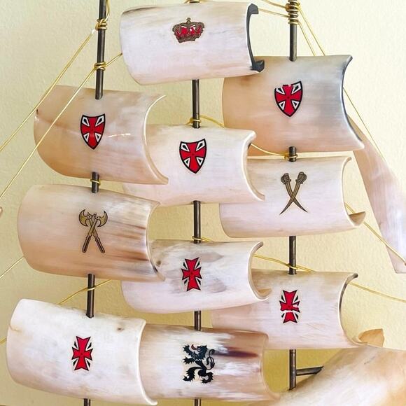 Vtg Handmade Clipper Ship Sailboat Boat Horn Coat of Arms Crest Sailing - Picture 13 of 14